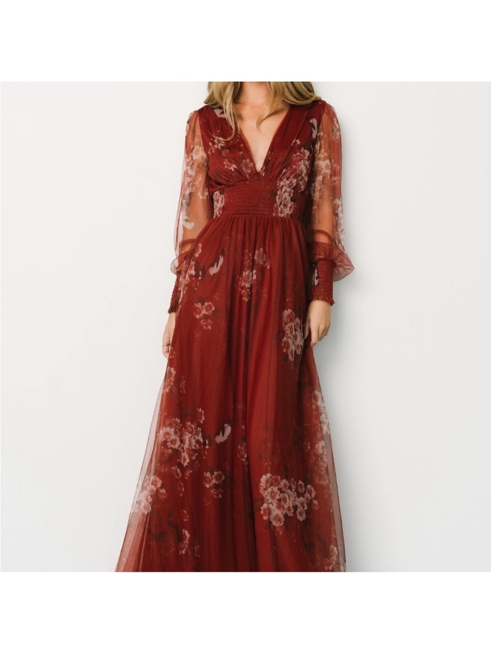 Baltic Born Layla Rust Red Floral Maxi Dress with Sheer Sleeves